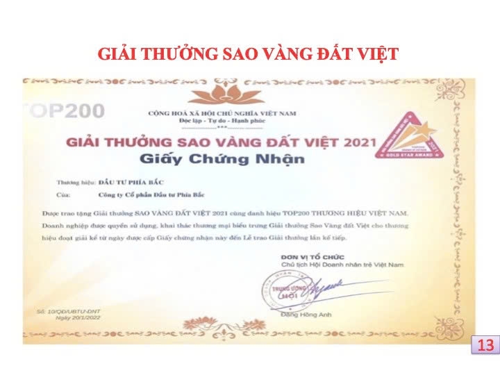 CÔNG TY PHÍA BẮC VINH DỰ NHẬN GIẢI SAO VÀNG ĐẤT VIỆT NĂM 2022